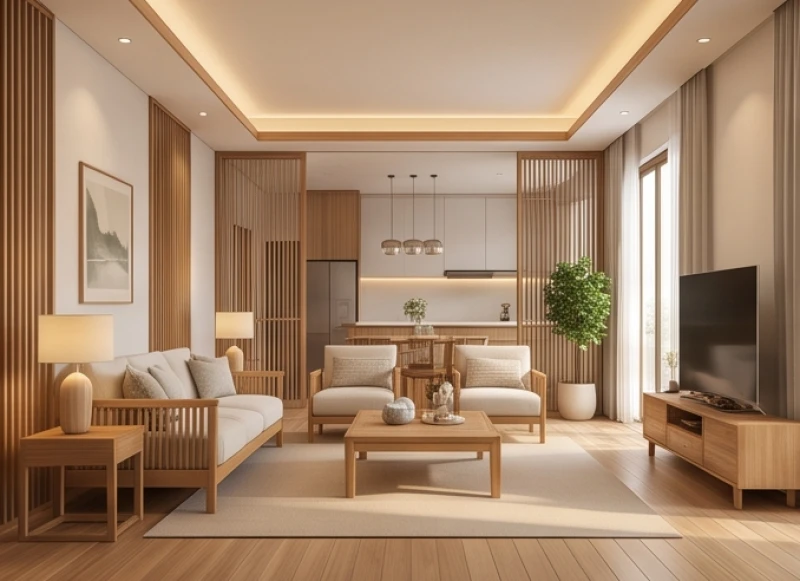 Không gian phòng khách rộng rãi được sắp xếp hài hòa theo 4 cung sao tốt lành của thuyết Bát trạch