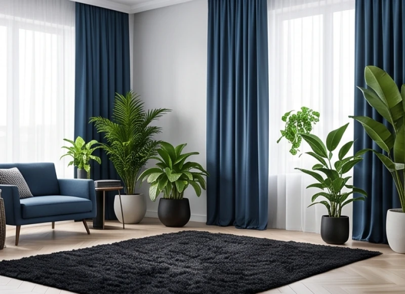 Tuổi Tý mệnh gì: Bảng tra cứu ngũ hành và ứng dụng phong thủy 4 Không gian phòng khách trang trí rèm cửa xanh lam đậm và thảm đen sinh vượng khí