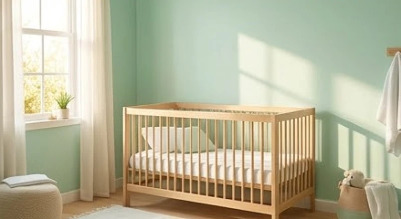 Không gian phòng ngủ của em bé sơn màu xanh mint pastel vô cùng dịu mát và bình yên
