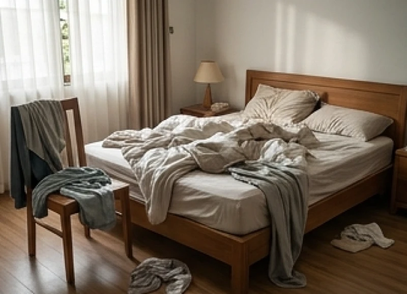 Mơ thấy nhà bừa bộn: Giải mã điềm báo tâm lý và số lộc 5 Không gian phòng ngủ lộn xộn với chăn màn chưa gấp và quần áo vứt vương vãi trên giường