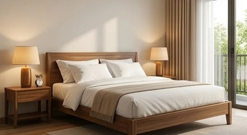 Giường ngủ êm ái kê tựa lưng vào tường vững chắc với phần chân hướng về góc Thiên Y