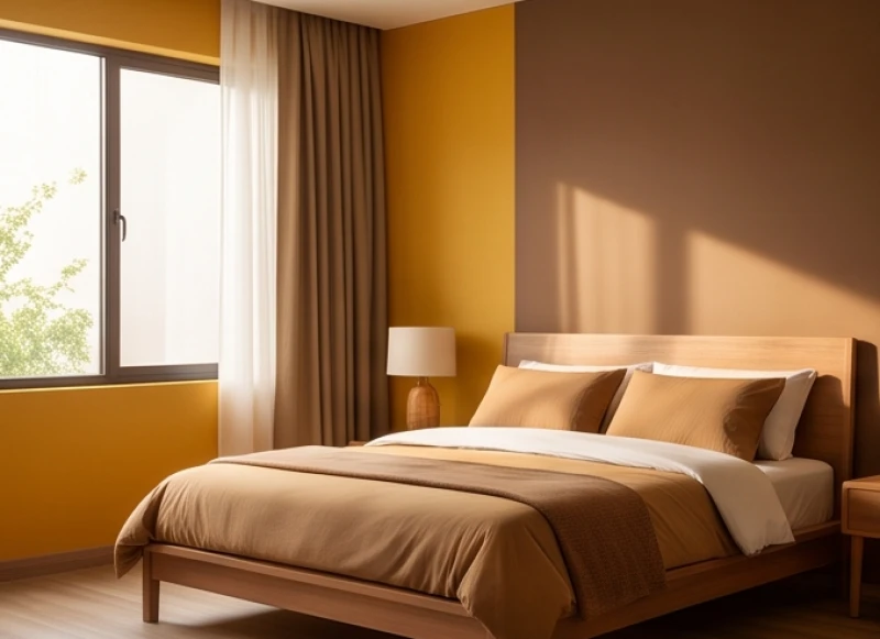 Thiết kế phòng ngủ tĩnh lặng với mảng tường vàng sậm và đồ nội thất gỗ, tạo không gian thư giãn tuyệt đối