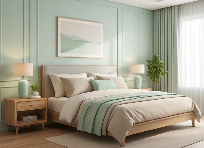 Phòng ngủ thiết kế tông màu xanh ngọc dịu nhẹ kết hợp nội thất gỗ tự nhiên giúp nuôi dưỡng giấc ngủ sâu