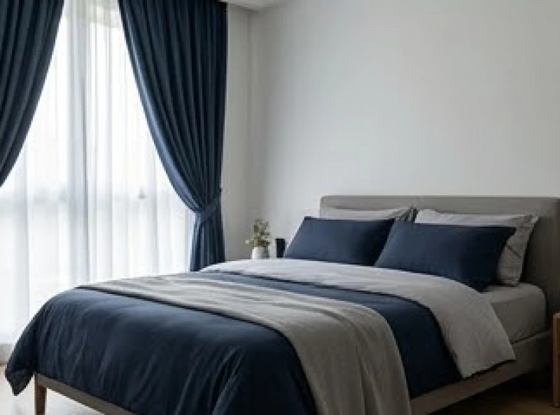 Giường ngủ kết hợp rèm cửa và chăn ga màu xanh dương hợp mệnh Mộc của tuổi Kỷ Tỵ