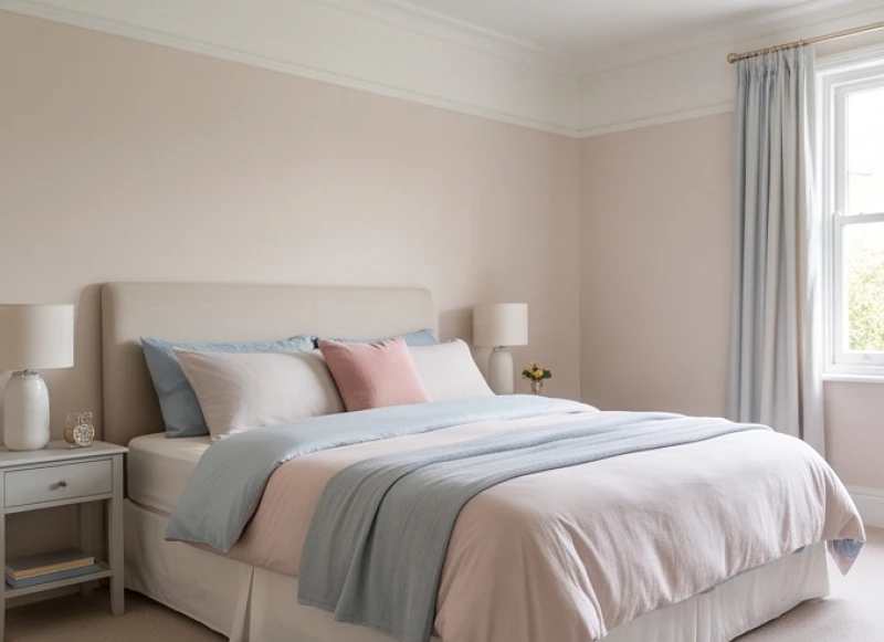 Phòng ngủ vợ chồng với gam màu pastel trung tính êm dịu kết hợp bộ chăn ga gối điểm xuyết các màu sắc tương sinh