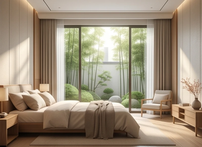Không gian giường ngủ thông thoáng đón luồng ánh sáng tự nhiên từ cửa sổ mang lại sự tĩnh lặng