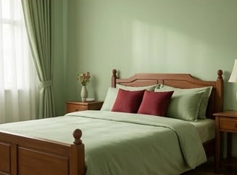 Không gian phòng ngủ tông màu xanh lá nhạt với điểm nhấn màu đỏ dành cho mệnh Hỏa