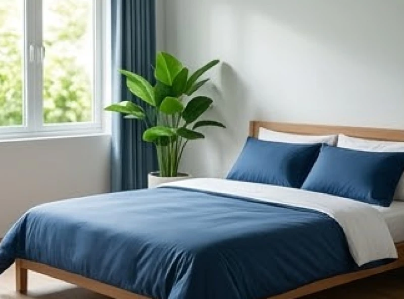 Giường ngủ trải ga màu xanh dương với rèm cửa đón ánh sáng tự nhiên