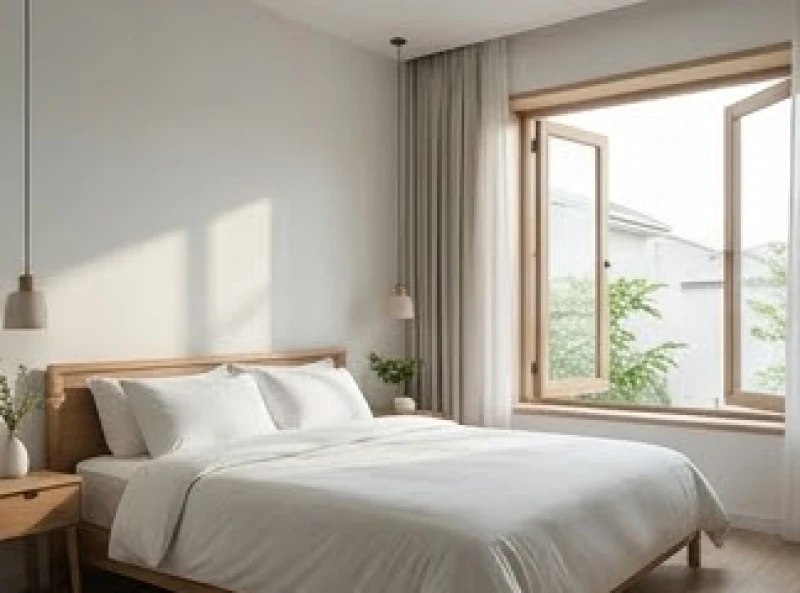 Không gian phòng ngủ được sắp xếp gọn gàng với cửa sổ mở rộng đón ánh sáng và gió tự nhiên