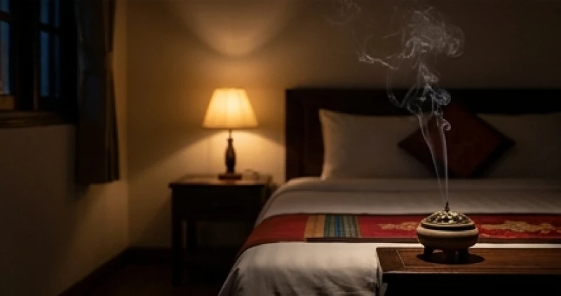 Mơ thấy tôm cá: Tra cứu điềm báo, con số & giải mã tâm lý 6 Không gian phòng ngủ mờ ảo với ánh đèn vàng dịu nhẹ và lư trầm hương tỏa khói mỏng
