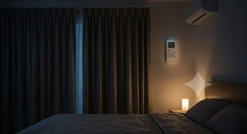 Căn phòng ngủ yên tĩnh với ánh đèn ngủ mờ ảo và bảng điều khiển nhiệt độ điều hòa hiển thị hai mươi hai độ