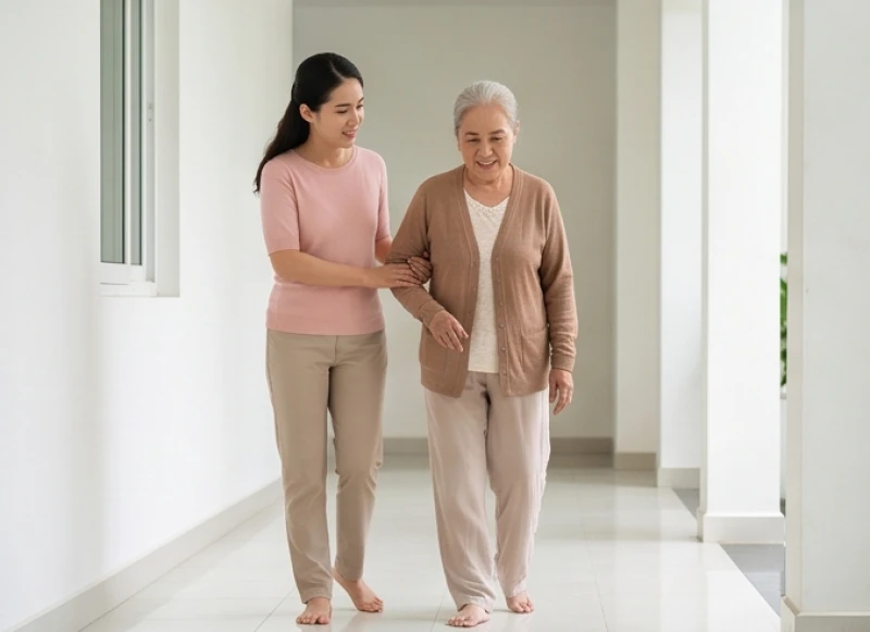 Con cháu đỡ cụ bà di chuyển cẩn thận trên sàn nhà để phòng tránh té ngã