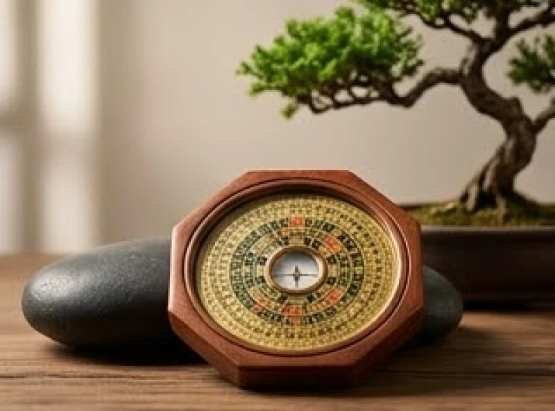 Biểu tượng âm dương và la bàn phong thủy đặt trên phiến đá tĩnh lặng giúp tĩnh tâm