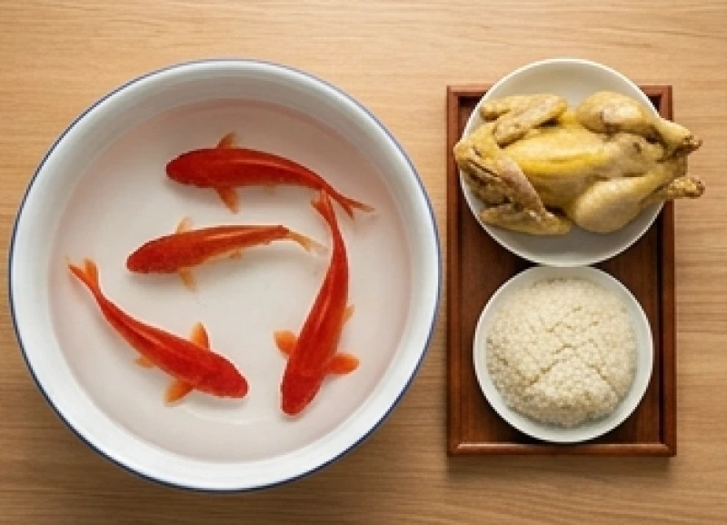 Ba chú cá chép đỏ khỏe mạnh bơi trong chậu nước sạch được đặt cạnh mâm cỗ mặn.