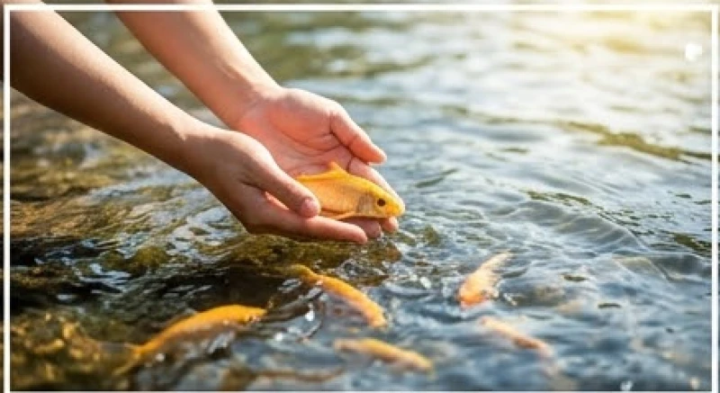 Mơ thấy Phật: Giải mã điềm báo, số may mắn và cách hóa giải 7 Đôi bàn tay nhẹ nhàng thả những chú cá chép vàng xuống dòng sông trong xanh để gieo trồng phước báu