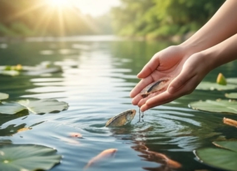 Đôi bàn tay nhẹ nhàng thả những chú cá nhỏ xuống dòng sông hiền hòa để tích phước báu