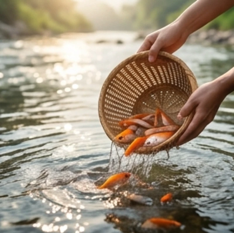 Văn khấn cầu con Quan Âm: Bài cúng chuẩn và nghi lễ cầu tự 9 Hai bàn tay nhẹ nhàng thả những chú cá nhỏ xuống dòng nước trong xanh để phóng sinh tạo phước lành