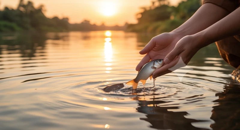 Đôi bàn tay nhẹ nhàng thả những chú cá nhỏ xuống dòng sông tĩnh lặng để tích phước