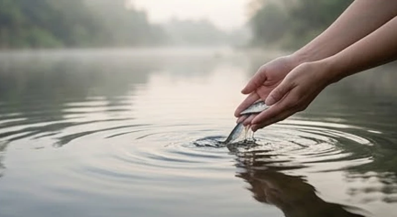 Mơ thấy nói chuyện với người đã chết: Điềm báo và con số may mắn 5 Đôi bàn tay nhẹ nhàng thả những chú cá nhỏ xuống dòng sông tĩnh lặng để hồi hướng phước báu