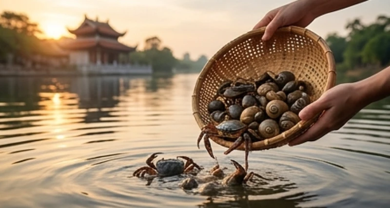 Phóng sinh cua ốc sống xuống dòng sông Tam Bạc trước cửa đền sau khi hoàn tất nghi thức