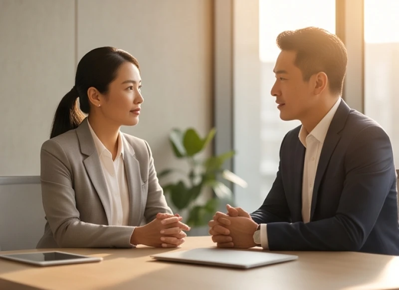 Xem tướng qua thần thái: Nhận biết khí chất và cách rèn luyện 1 Hai người đang trò chuyện với ánh mắt tập trung và tư thế đĩnh đạc toát lên vẻ tự tin tự nhiên