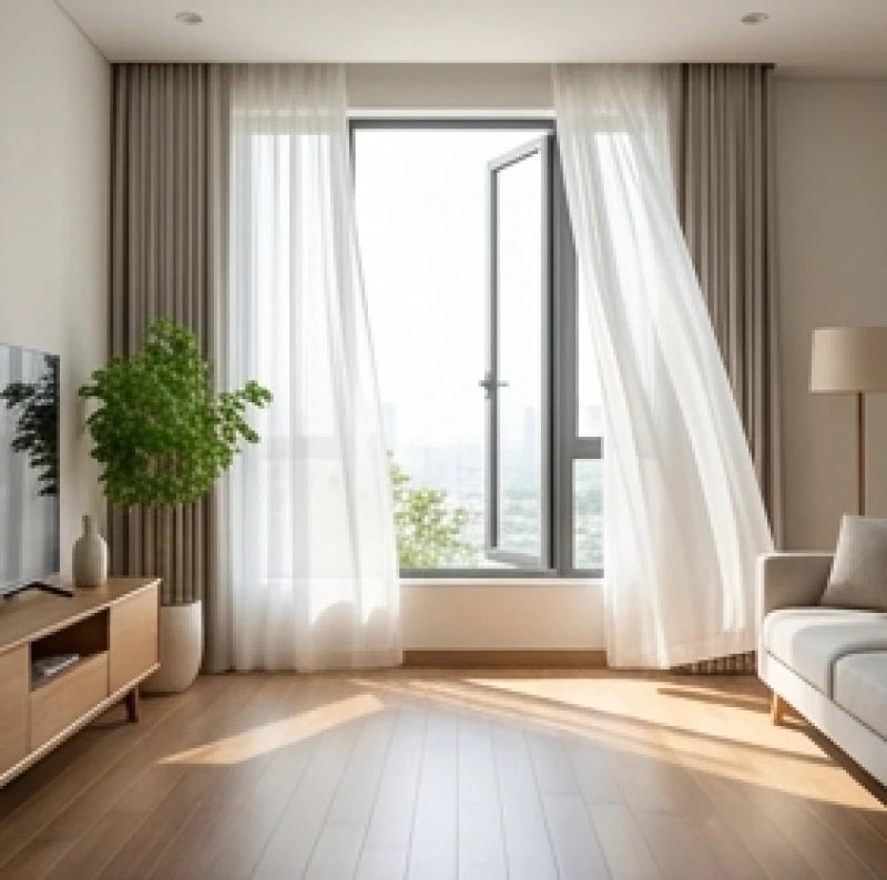 Phòng khách hiện đại với cửa sổ lớn đón ánh sáng tự nhiên và luân chuyển không khí