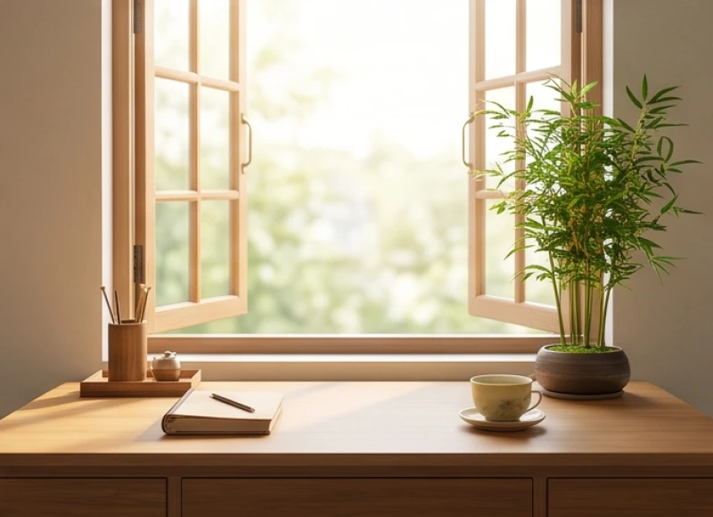 Góc học tập và làm việc hướng Nam được bài trí gọn gàng giúp kích hoạt sinh khí