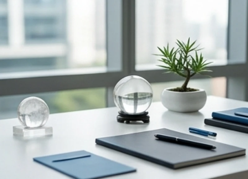 Góc làm việc được bài trí gọn gàng, đón ánh sáng tự nhiên với điểm nhấn là quả cầu thạch anh hội tụ năng lượng