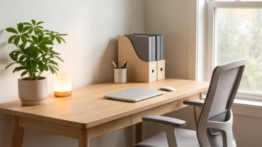 Không gian chuẩn phong thủy bàn làm việc với đồ đạc sắp xếp gọn gàng đón ánh sáng tự nhiên