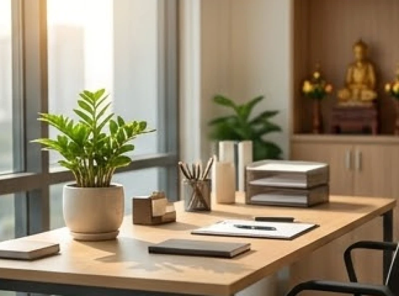 Góc bàn làm việc gọn gàng được bày trí chậu cây phong thủy nhỏ xinh xắn đón ánh nắng ban mai