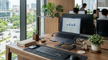 Một góc không gian áp dụng phong thủy bàn làm việc cho người tuổi dậu với thiết kế hiện đại và ánh sáng tự nhiên