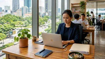 Không gian phong thủy bàn làm việc cho người tuổi hợi với cây xanh và vật phẩm chiêu tài