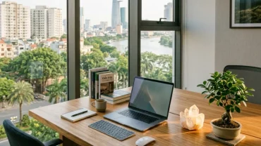 Không gian phong thủy bàn làm việc cho người tuổi mùi với thiết kế hiện đại và cây xanh tài lộc