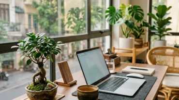 Góc văn phòng hiện đại bố trí chuẩn phong thủy bàn làm việc cho người tuổi tỵ với cây cảnh và phụ kiện