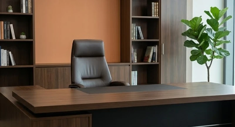 Góc làm việc chuẩn phong thủy của giám đốc với điểm tựa vững chắc sau lưng và không gian phía trước thông thoáng