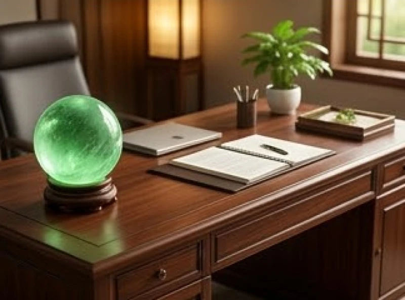 Góc bàn làm việc được bố trí gọn gàng với quả cầu thạch anh xanh lục kích hoạt tài lộc vững chãi