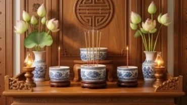Không gian thờ cúng gia tiên được bài trí trang nghiêm đúng chuẩn phong thủy bàn thờ với bát hương và di ảnh