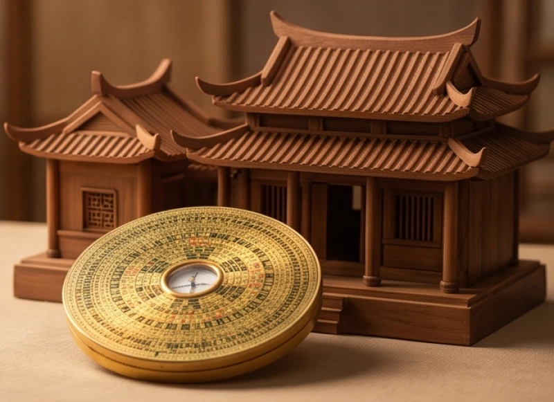 La bàn phong thủy đặt trước mô hình ngôi nhà truyền thống đại diện cho trường phái xem hướng Bát trạch
