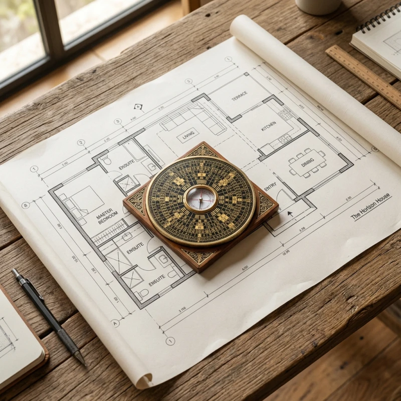 Bản vẽ mặt bằng ngôi nhà với la bàn phong thủy định vị các hướng tốt cho người tuổi Sửu
