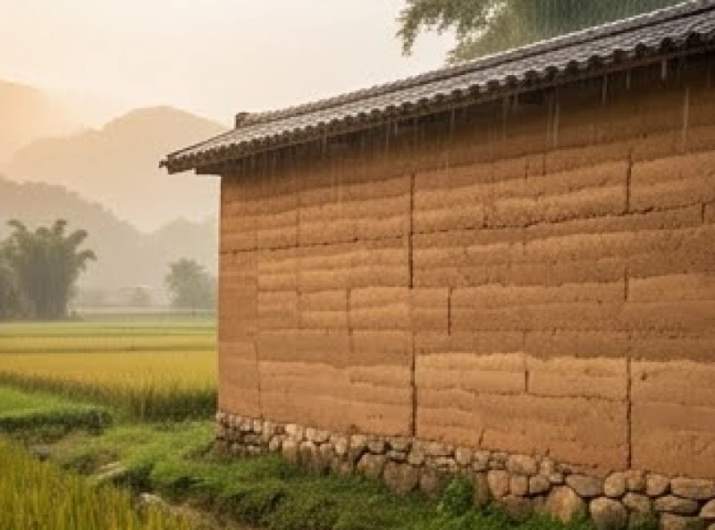 Bức tường đất nện truyền thống vững chãi dưới làn mưa nhẹ đầu mùa