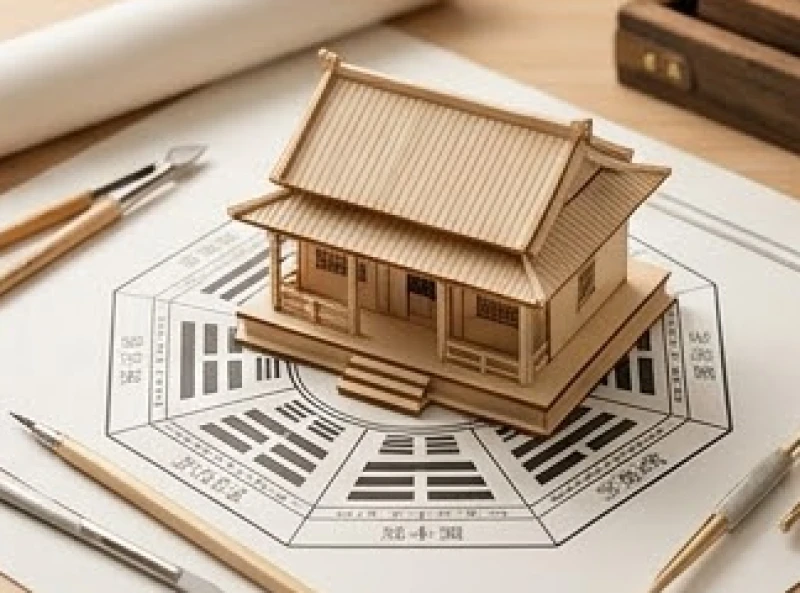 Vận hạn tuổi Sửu năm 2027: Trình tự cúng sao và tháng đại kỵ 10 Mô hình ngôi nhà gỗ truyền thống đặt cẩn thận trên bản đồ phong thủy bát quái