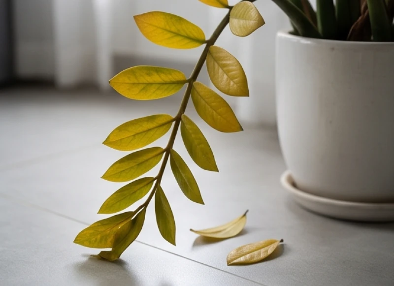 Dấu hiệu vàng lá rụng cuống ở cây kim tiền phản ánh tình trạng ngạt rễ do môi trường sống không đảm bảo thông thoáng