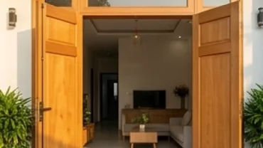 Cửa chính gỗ tự nhiên 4 cánh mở rộng đón ánh sáng tự nhiên vào phòng khách nhà phố hiện đại
