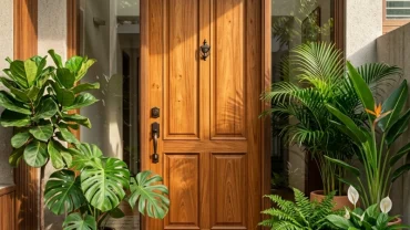 Mẫu phong thủy cửa chính cho người tuổi thìn với thiết kế gỗ tự nhiên và ánh sáng ấm áp