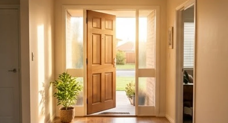 Ánh nắng ấm áp và làn gió nhẹ thổi qua cánh cửa chính đang mở hé mang lại cảm giác vượng khí luân chuyển