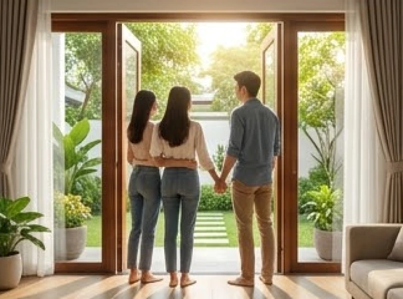 Hướng Cửa Chính Hợp Tuổi Mão: Đo La Bàn & Kích Thước Lỗ Ban 4 Vợ chồng đứng trước thềm nhà thảo luận về hướng cửa chính hợp tuổi mão