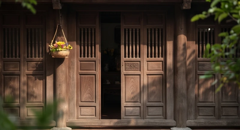 Cánh cửa gỗ truyền thống của ngôi nhà vắng lặng dưới bóng râm mang lại cảm giác tĩnh mịch