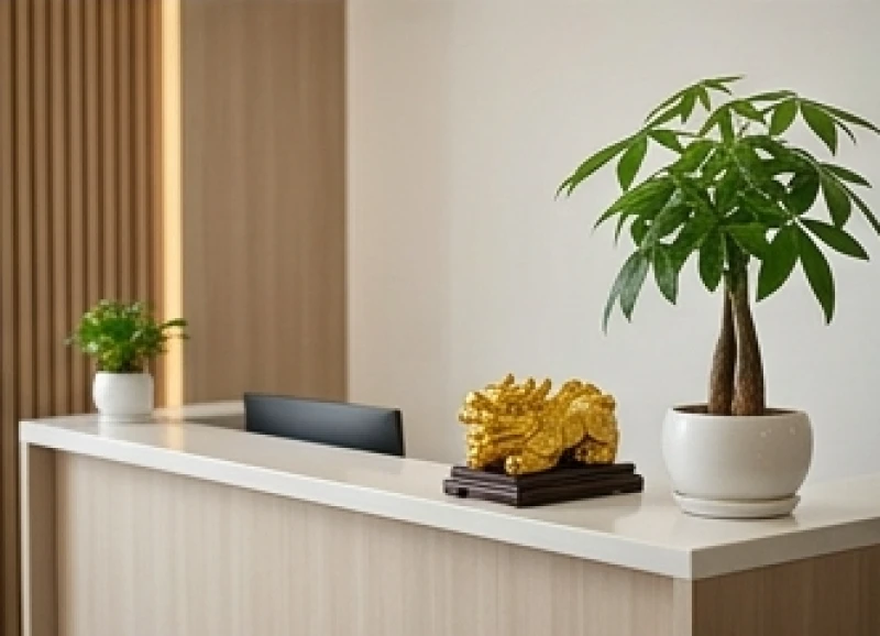 Khu vực quầy thu ngân được bố trí tượng Tỳ Hưu mạ vàng và chậu cây Kim Ngân