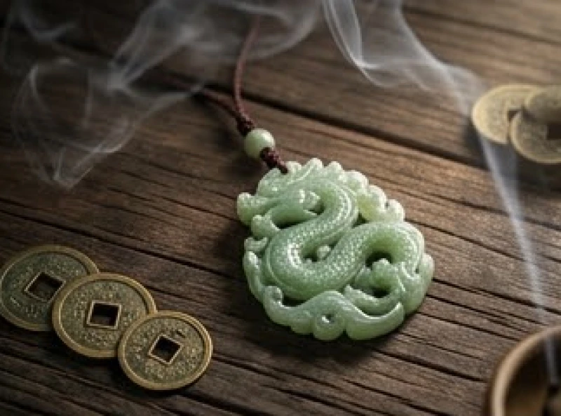 Mặt dây chuyền đá cẩm thạch điêu khắc hình rồng đặt cạnh đồng xu cổ tượng trưng cho khí chất mạnh mẽ