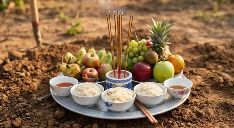 Mâm lễ cúng động thổ truyền thống được bày biện trang trọng trước khu đất mới